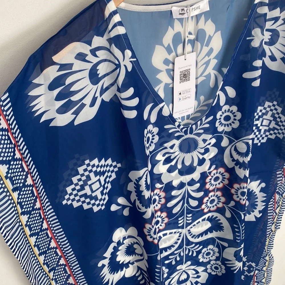 Cupshe‎ Women's Navy Blue Floral Short Sleeve Cover-Up, One Size, NWT